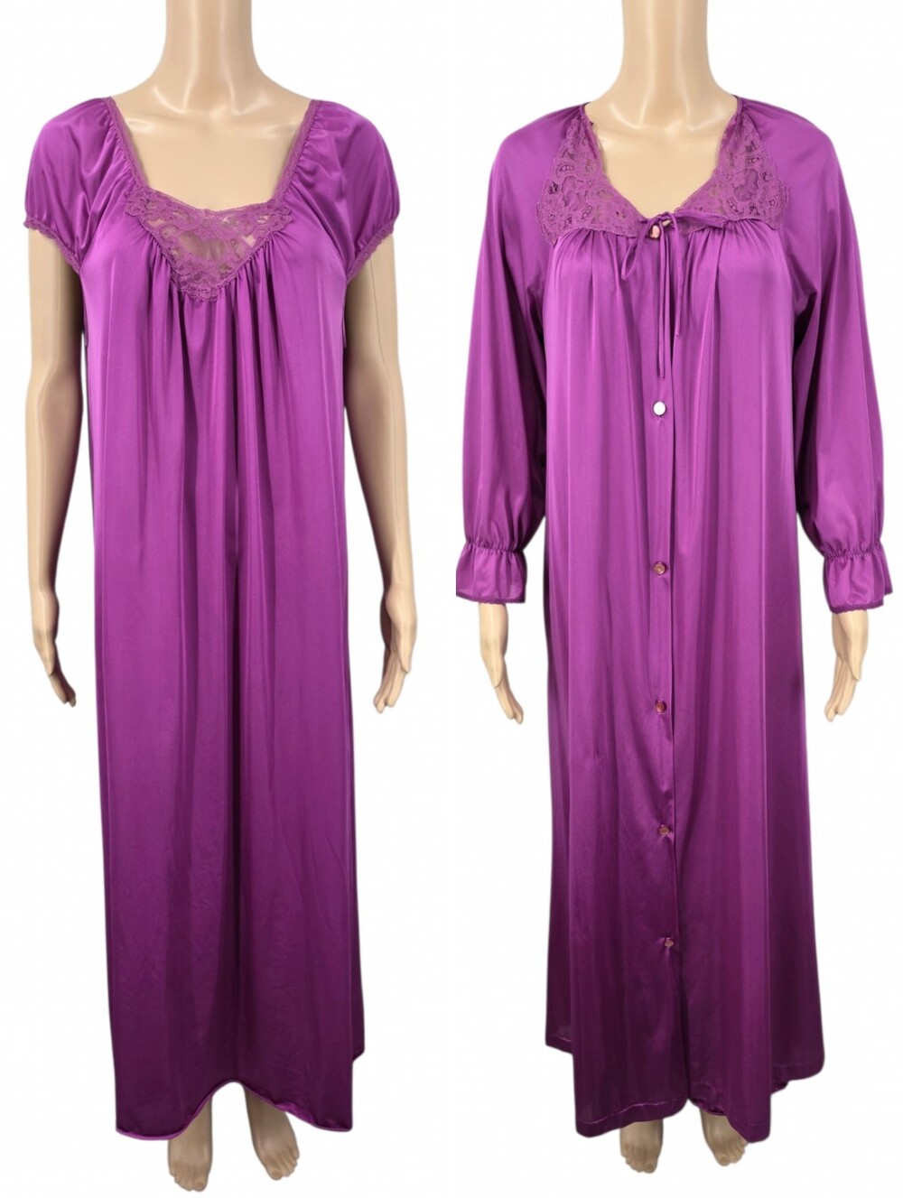 Lorraine Nylon Vintage Nightgown and Robe Peignoir Matching Set in Purple